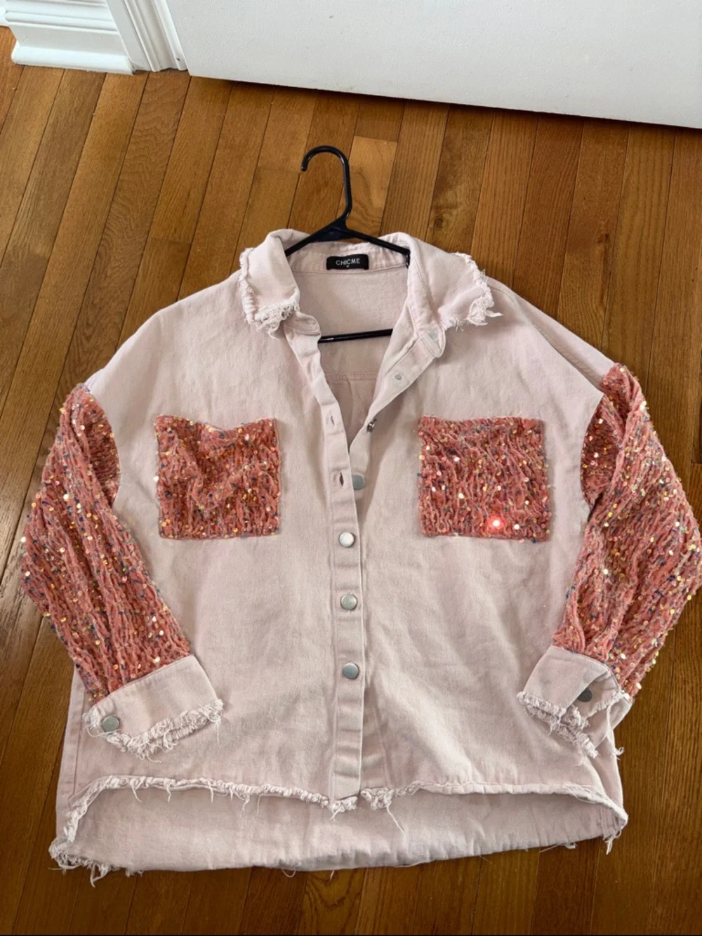 Chicme women's sequin patchwork denim Shacket Size Medium - Picture 5 of 8